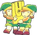 Artwork of two Links carrying a large Game Disk