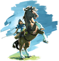 Artwork of Link wearing the Hylian Hood while riding a Horse