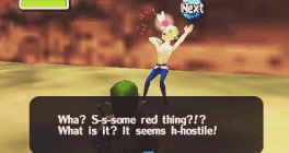 Tatl in a red color, attacking Sakon in Majora's Mask