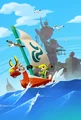 The Wind Waker artwork of Link sailing away from Forsaken Fortess and into the Great Sea