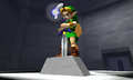 Link pulling the Master Sword from the Pedestal of Time in Ocarina of Time 3D