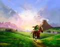 Link riding Epona through Hyrule Field