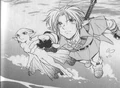 Adult Link and Princess Ruto swimming underwater in the Water Temple from the Ocarina of Time manga