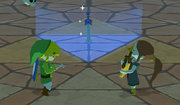 Link conducting "Earth God's Lyric" as Medli plays along with the Rito Harp