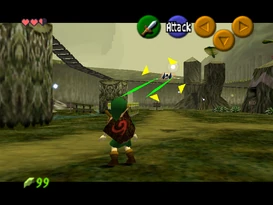 The Arwing swooping and shooting at Link with its Twin Lasers in 