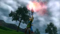 Link using the Magic Rod in his victory animation from Hyrule Warriors