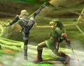 An official screenshot of Sheik using her forward tilt on Link, from Smash Bros. DOJO!!