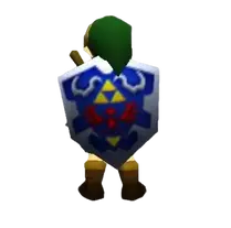 Link as a child wearing the Hylian Shield in Ocarina of Time, covering over half of his body