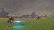 Link facing off against a Silver Bokoblin on a horse.