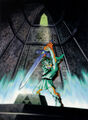 Artwork of Link pulling the Master Sword from the Pedestal of Time from Ocarina of Time