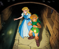 Artwork of Link using the Lantern to lead Princess Zelda from A Link to the Past