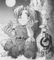 Artwork of Young Link sitting with all three Spiritual Stones