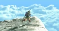 Link preparing to dive off of Skyloft into the clouds below from Skyward Sword