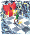 Artwork of Link battling Agahnim atop Hyrule Castle Tower