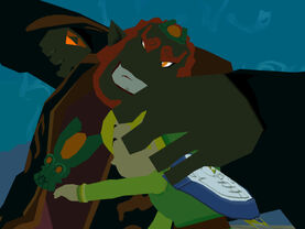 Link getting beaten up by Ganondorf, as seen in The Wind Waker, one of the few cases of the hero nearly being defeated by his arch-nemesis