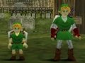 Link the Hero of Time in both his child and adult stages carrying the Hylian Shield simultaneously in Ocarina of Time