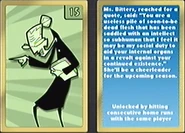 Ms. Bitters' Card. Description: "Ms. Bitters, reached for a quote, said: "You are a useless pile of soon-to-be dead flesh that has been saddled with an intellect so subhuman that I feel it may be my social duty to aid your internal organs in a revolt against your continued existence." She'll be a cheerleader for the upcoming season."