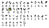 A recreation of the IRKEN DOOM alphabet, a possible base for the Irken alphabet depicted in the DVD subtitles.