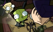 GIR randomly gobbles up the robot toys of two crazy kids as he passes by, then laughs insanely as he chases the Megadoomer.