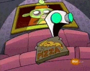 GIR sloppily devouring a greasy pepperoni pizza.