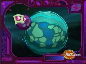 Invader Stinks planet seen through Zim's telescope.