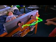 Dustin's feet being tickled by the proton impulses