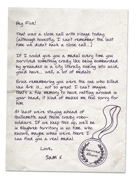 A handwritten letter from Sam to Runner Five, including a drawing of a medal that says "Survived Alkursi".