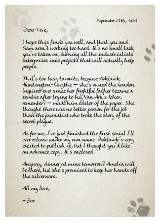A handwritten letter from Zoe to Worker Five. A cat has left inky pawprints on the paper.