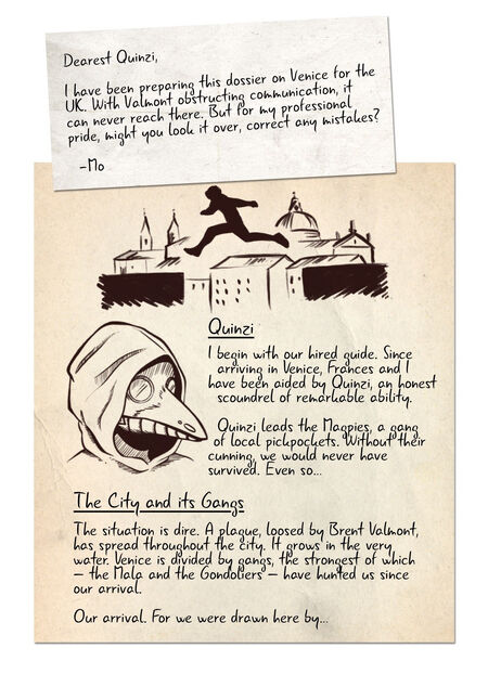 A handwritten note from Mo, and a handwritten report including drawings of a person jumping between buildings and a hooded figure wearing a bird-like plague doctor mask.