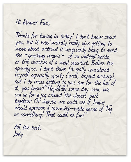 A handwritten letter from Jody Marsh to Runner Five.