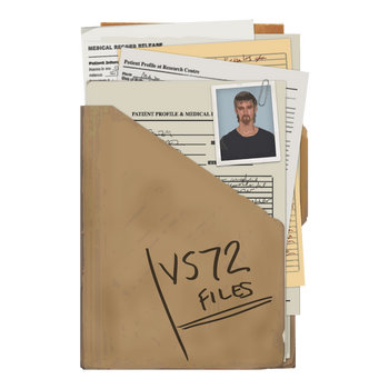 A folder labeled "VS72 Files" with many patient documents inside. A photograph of a man is attached by a paperclip.