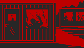 A small building in a construction site. Inside the building, a human silhouette is desperately clawing at a window.