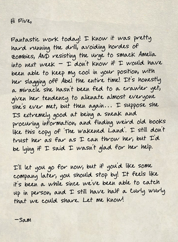 A handwritten letter from Sam to Runner Five.