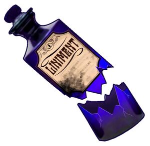 A blue glass bottle labeled "Liniment". The bottle is broken into two pieces.