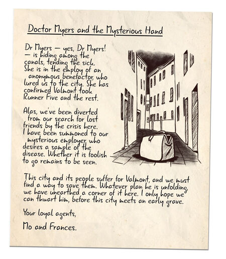 A handwritten report from Mo with a drawing of a Venetian street with a bag in the middle of it.