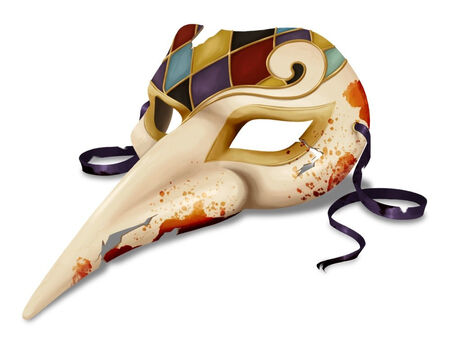A Venetian long nose mask, badly cracked and bloodied.