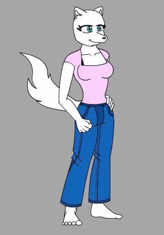 Anthropomorphic female wolf in pink t-shirt and blue denim pants
